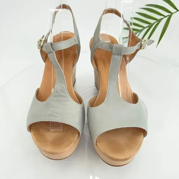 Pomme D'or Sandals Women's Size 39 8 Blue Gray Leather T-Strap Platform Wedge - Picture 6 of 16